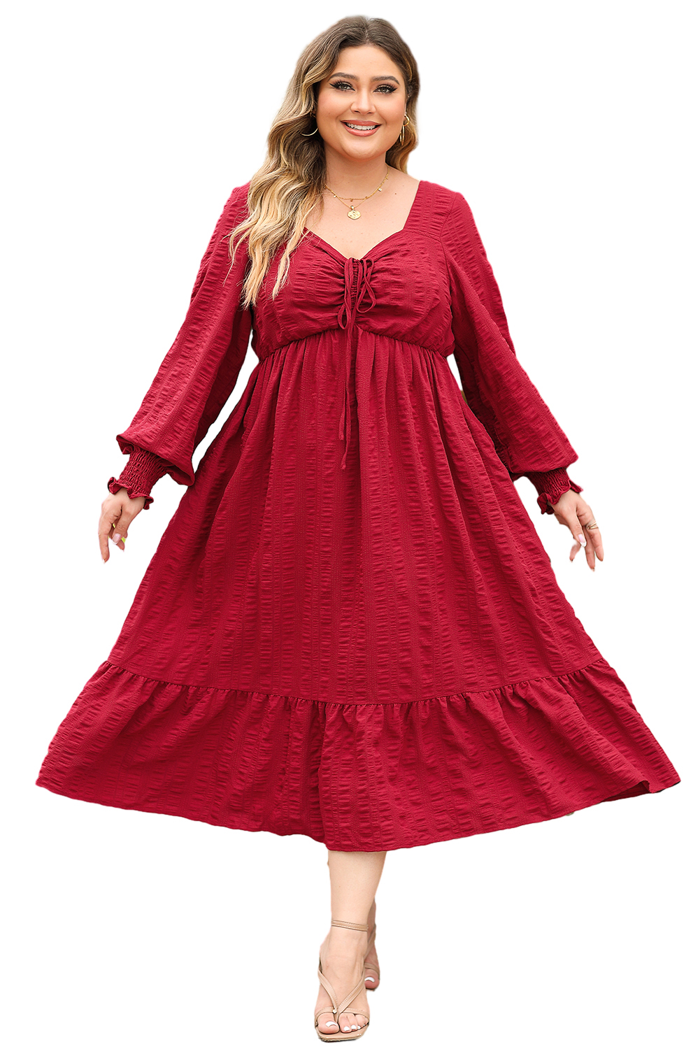 Plus Size Dress, Fiery Red, Midi Dress, Long Sleeve, Ruffle Hem, Lace-up, Ruched Front, Elegant Style, Daily Wear, High Waist, Comfortable Fit, Solid Pattern - Detail View 20