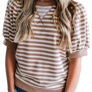 Women's Orange Stripe Short Bubble Sleeve T-Shirt – Casual Summer Style for Everyday Wear