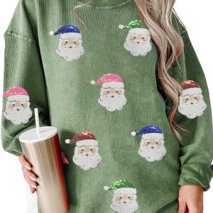 Women's Grass Green Corded Ribbed Santa Claus Graphic Sweatshirt – Festive Sequin Detail for Holiday Cheer - Main View