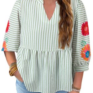 Women's Green Stripe Flower Puff Sleeve Notched V Neck Babydoll Blouse - Main View