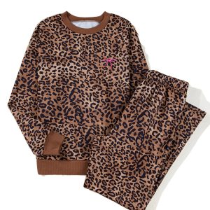 Women's Coffee Leopard Print Long Sleeve Top and Pants Set – Stylish Casual Ensemble for Fall - Main View