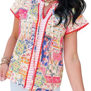 Women's Red Mixed Print V Neck Blouse – Casual Short Sleeve Top for Summer Outings