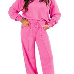 Sachet Pink Casual Solid Color Collared Pullover and Wide Leg Pants Set - Main View