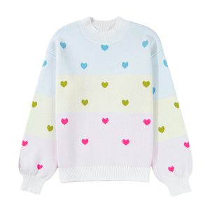 Women's Multicolour Heart Pattern Colorblock Knit Sweater – Cozy High Neck Baggy Style for Daily Wear - Main View