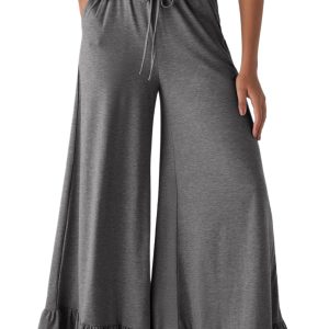 Women's Medium Grey Ruffled Wide Leg Pull-On High Waist Pants with Pockets - Main View