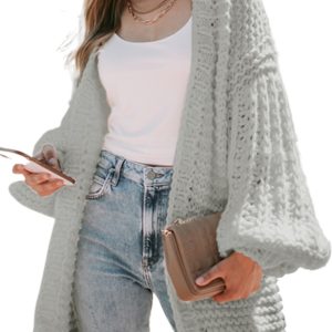 Gray Chunky Oversize Knit Cardigan with Drop Shoulder and Puff Sleeves - Cozy Fall Fashion - Main View