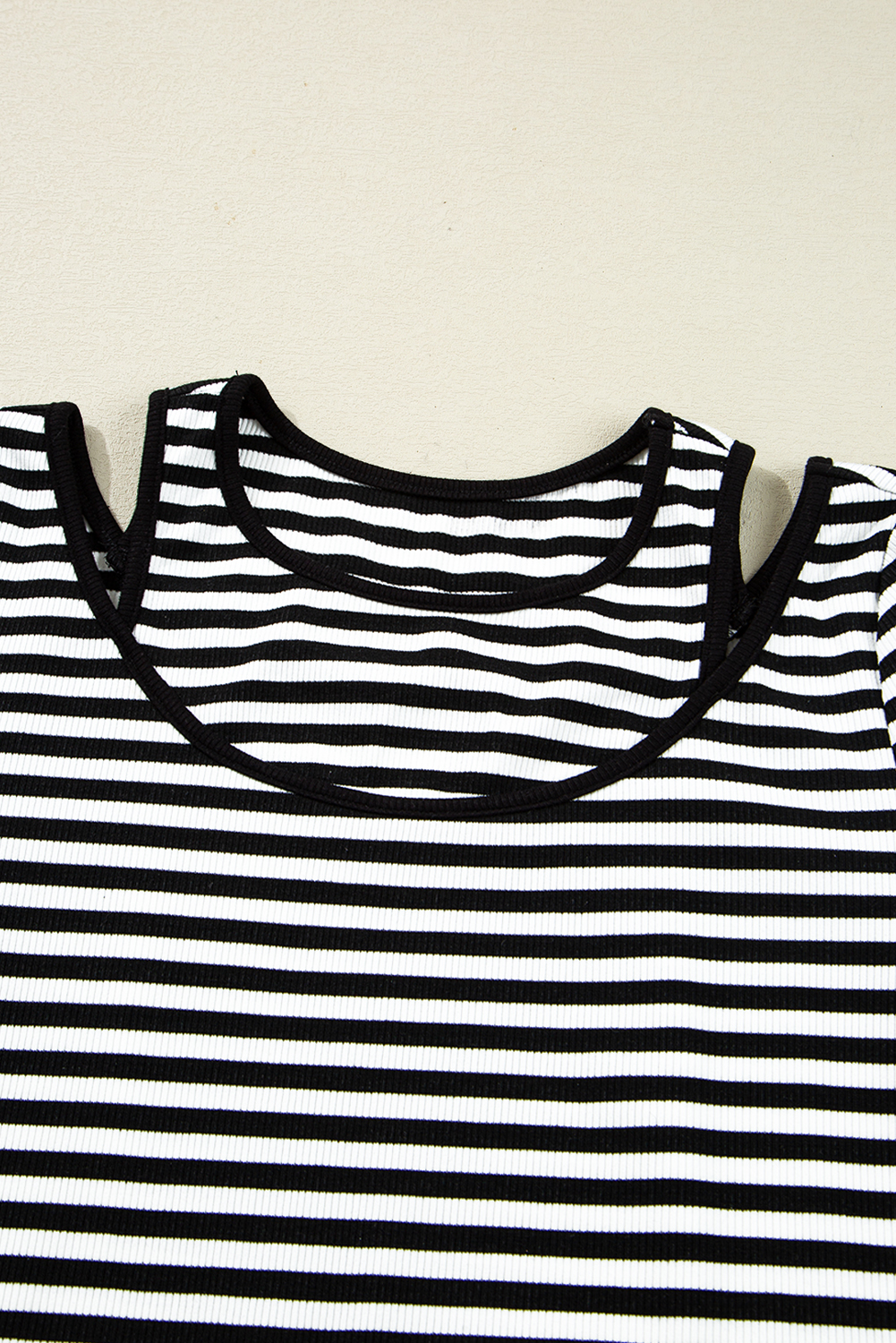 Casual Black Stripe Long Sleeve Top with Cold Shoulder Cut-Out Design - Detail View 10