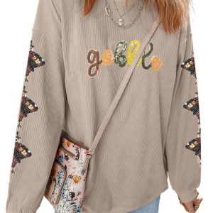 Women's Smoke Gray Corded Ribbed Sweatshirt with Sequin Gobble Design – Perfect for Thanksgiving Celebrations - Main View
