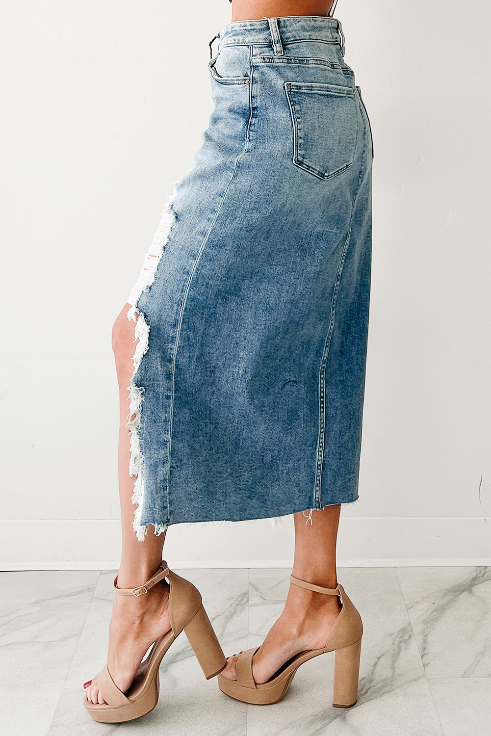 Trendy Irregular Hem Denim Midi Skirt with Ripped Details for a Western Style - Detail View 2