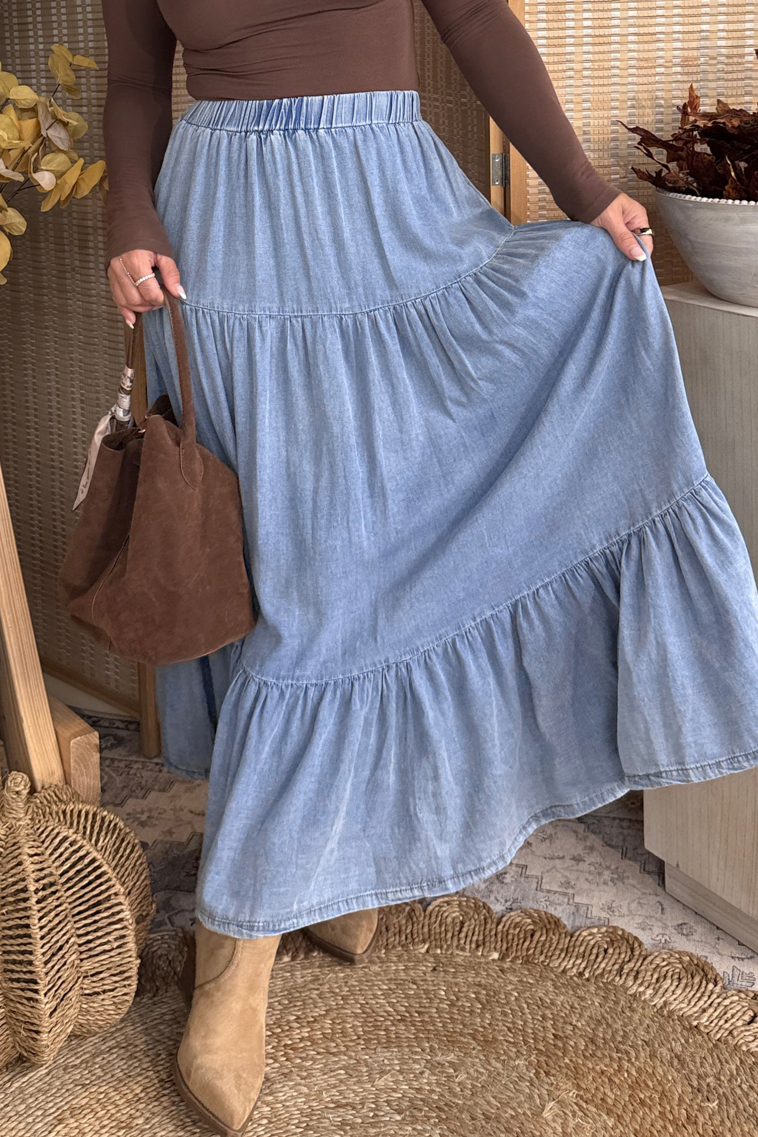 Women's Tiered Ruffle Denim Maxi Skirt – Elastic Waist Flared Long Skirt, Casual Western Style - Detail View 7