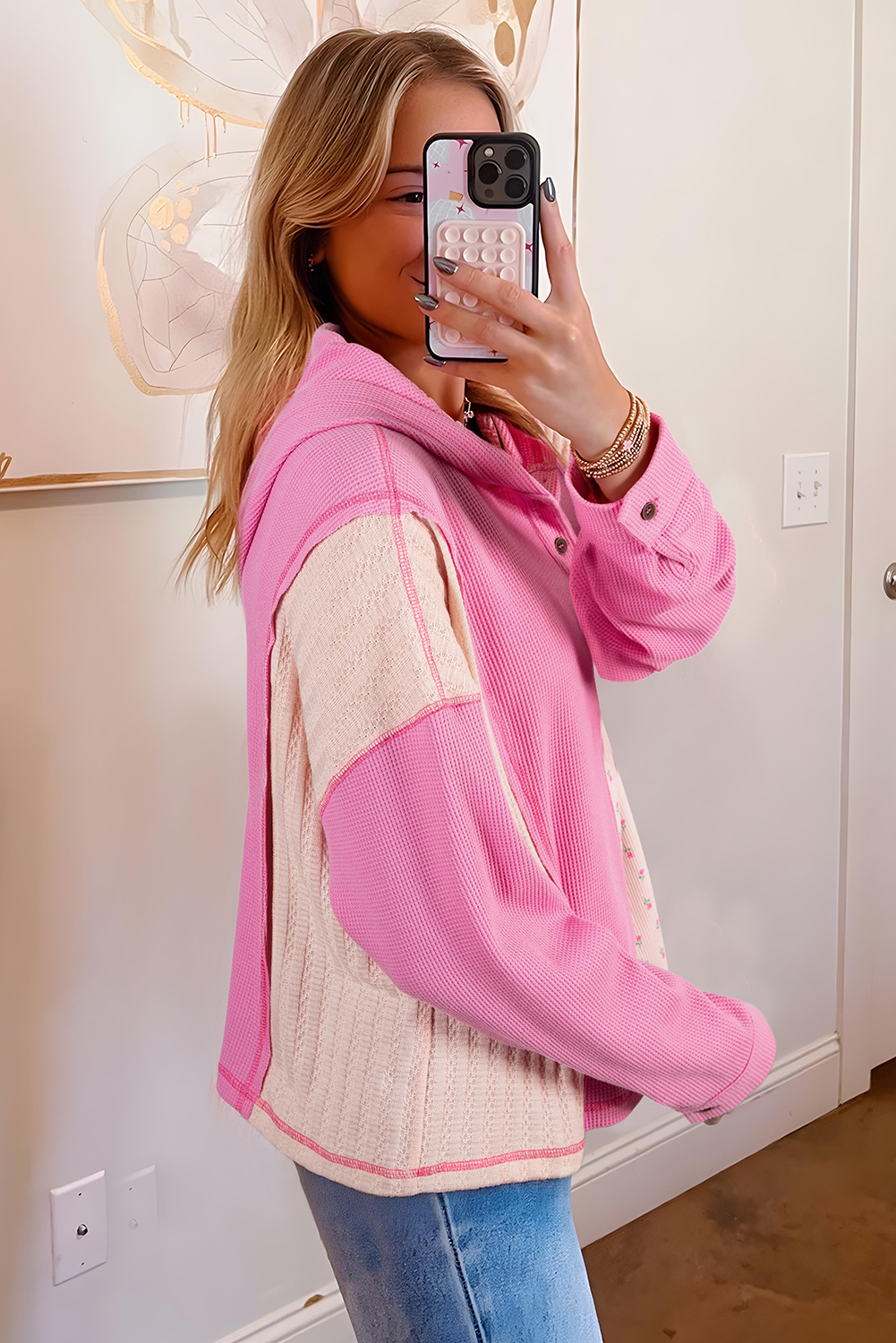 Casual Long Sleeve Color Block Hoodie - Pink Mixed Texture Design - Detail View 2