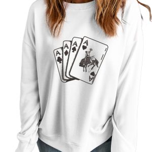 Trendy Women's White Ace Card Cowboy Graphic Long Sleeve Sweatshirt - Main View