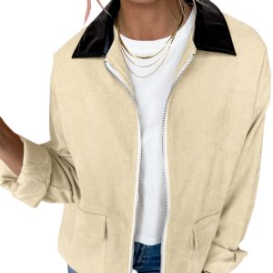 Casual Parchment Contrast Leather Collar Textured Zip Up Jacket for Daily Wear - Main View
