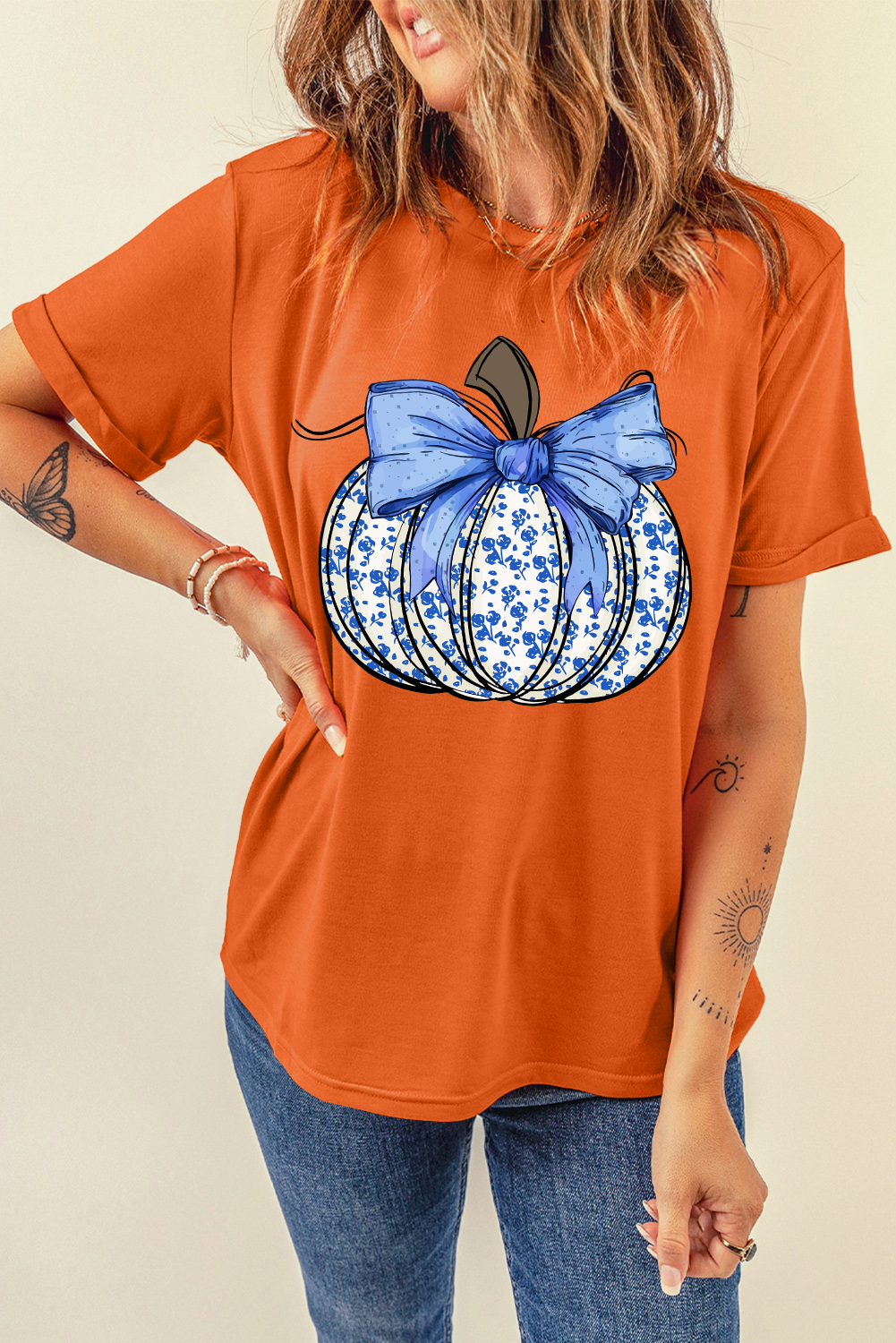 Women's Orange Floral Pumpkin Bow Print Thanksgiving T-Shirt - Detail View 9