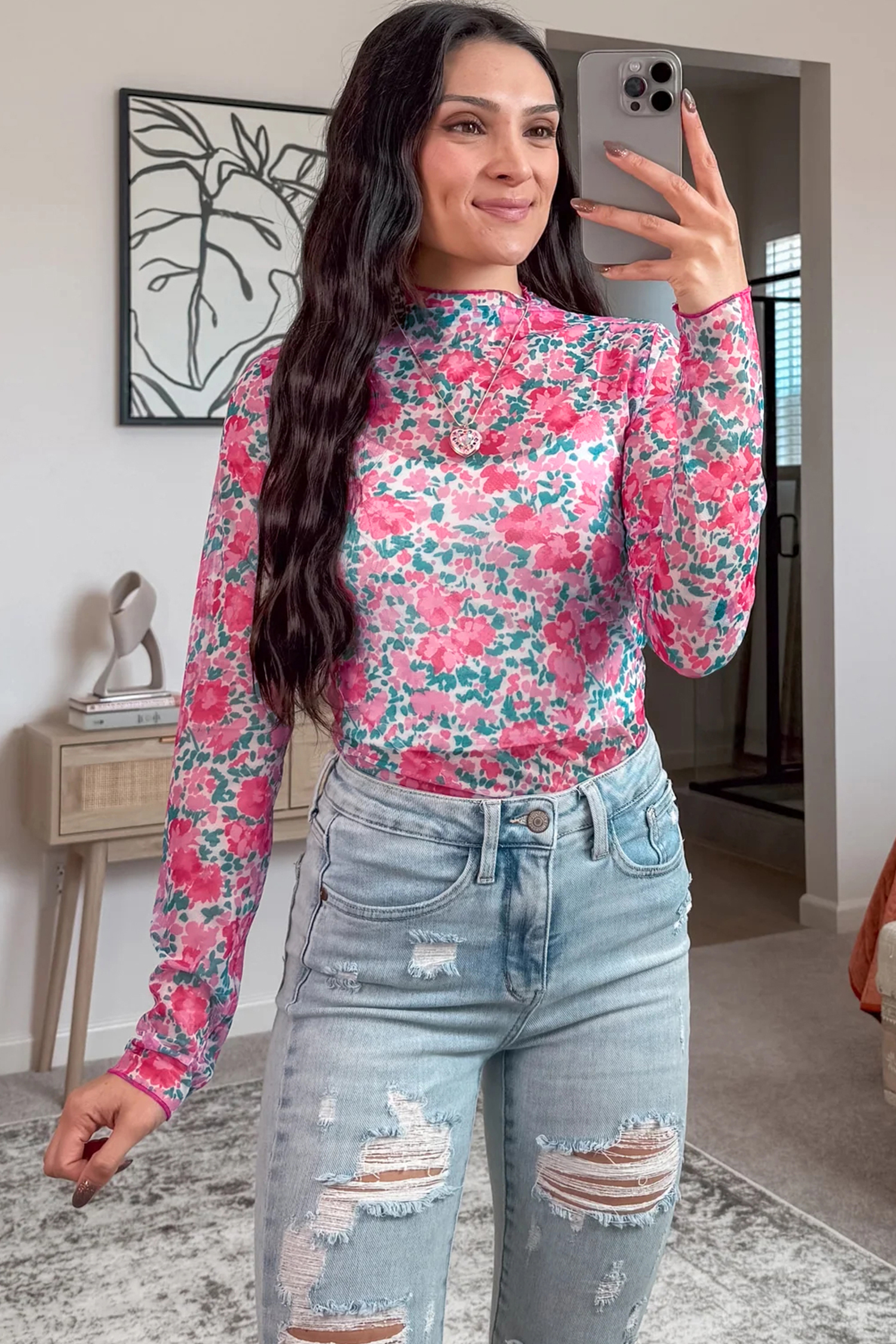 Casual Pink Slim Fit Floral Mesh Top with Mock Neck – Ideal for Spring Outings - Detail View 5