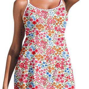 Women's Red Floral Print Swim Dress – Boho Spaghetti Strap with Ricrac Trim for Summer Fun