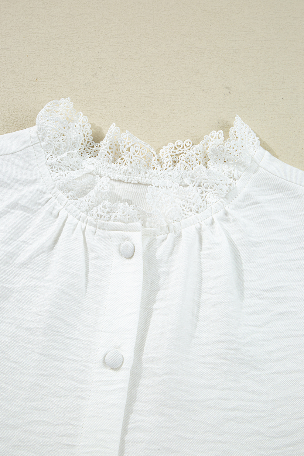 Chic Long Sleeve White Blouse with Lace Details and Stand Neck - Detail View 14