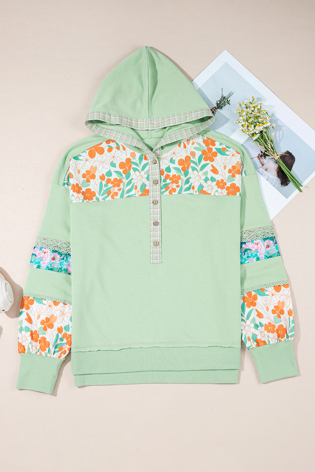Clearly Aqua Lace Floral Patchwork Half Button Hooded Pullover for Women - Detail View 13