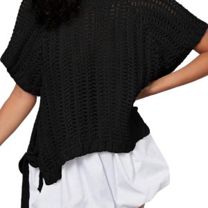 Women's Black Plus Size Open Knit Bow Tie Short Sleeve Sweater – Casual Summer Style