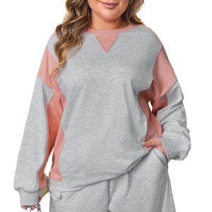 Plus Size Light Grey Uneven Hem Colorblock Pullover & Shorts Casual 2-Piece Outfit - Main View
