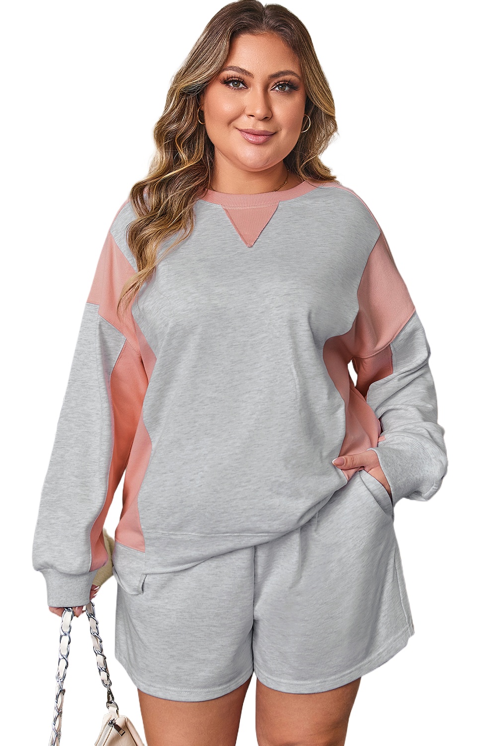 Plus Size Light Grey Uneven Hem Colorblock Pullover & Shorts Casual 2-Piece Outfit - Main View