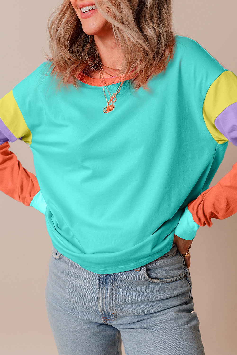 Casual Women's Light Blue Colorblock Patchwork Long Sleeve Loose Top - Detail View 9