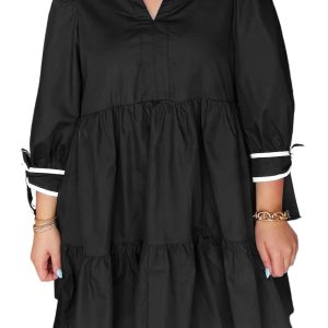 Chic Black Contrast Trim Knot Cuffs Plus Size V Neck Mini Dress for Everyday Elegance - Main View