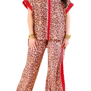 Women's Brown Leopard Print Top and Pants Set – Casual Summer Outfit with Contrast Trim