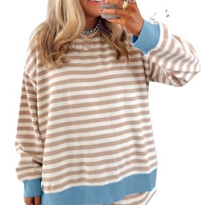 Women's Khaki Striped Drop Shoulder Pullover and Shorts Set for Daily Casual Wear