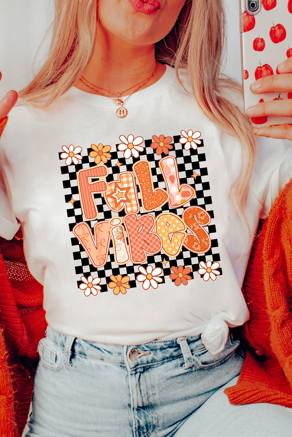 Women's White FALL VIBES Cute Graphic Tee - Perfect for Thanksgiving - Detail View 5