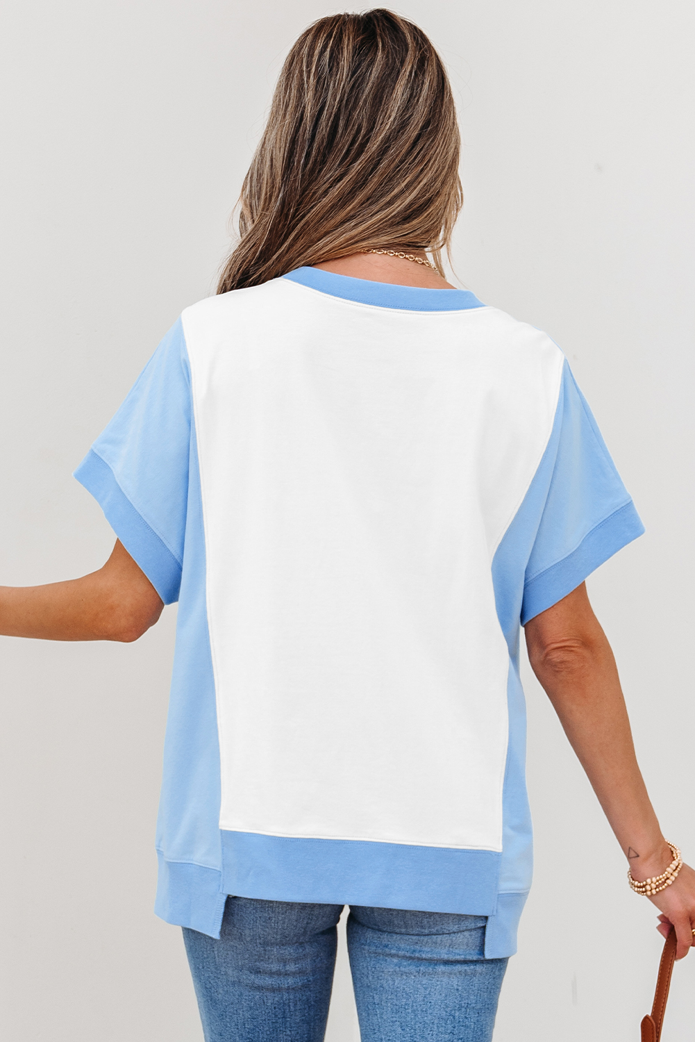 Casual Women's Sky Blue Color Block T-Shirt with Number 22 Print - Detail View 5