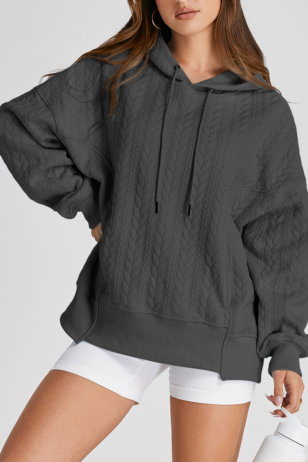 Basic Gray Long Sleeve Hoodie with Textured Fabric and Comfortable Fit - Detail View 7