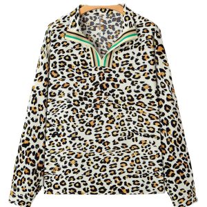 Women's Khaki Leopard Print Contrast Striped Long Sleeve V Neck Blouse - Main View