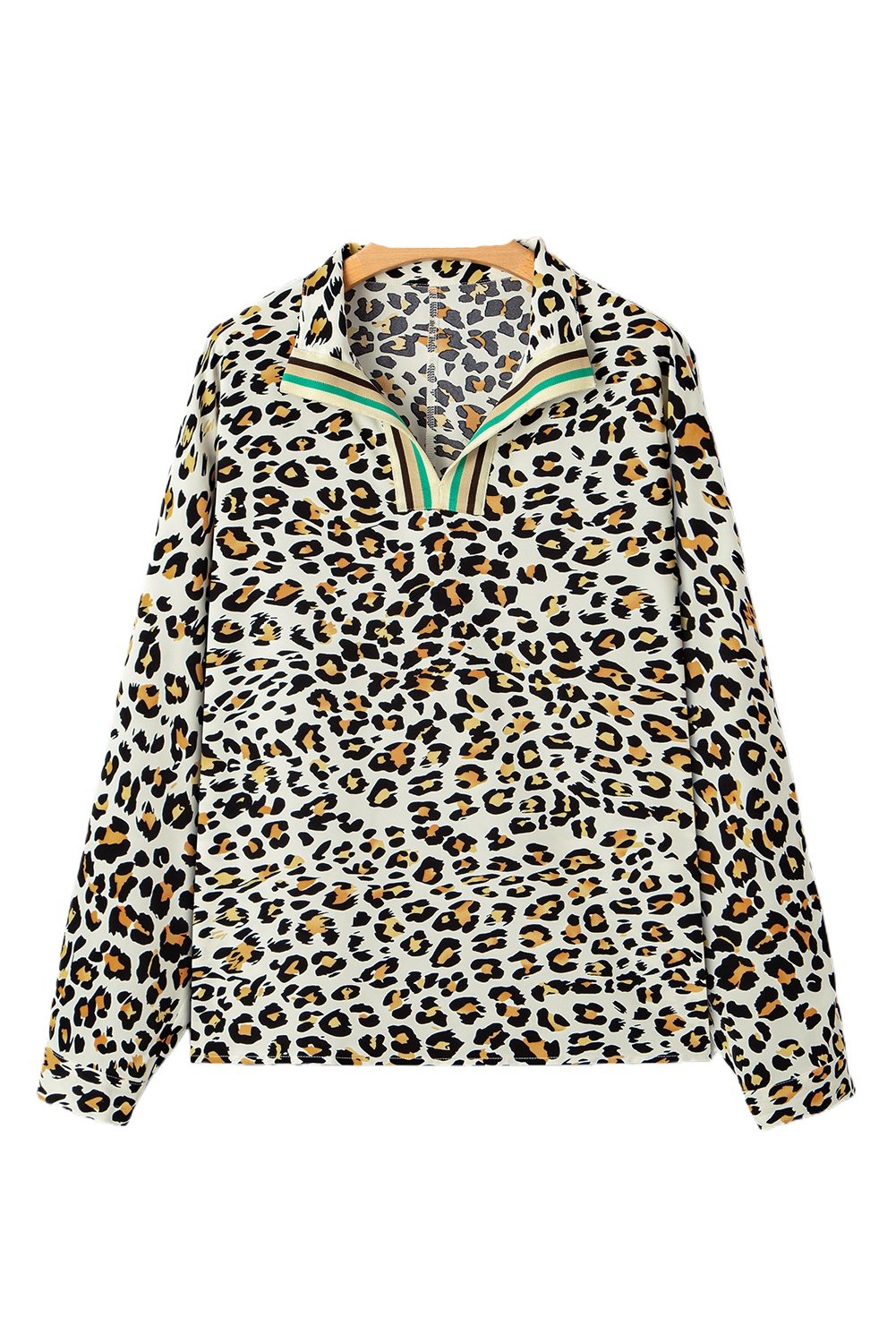 Women's Khaki Leopard Print Contrast Striped Long Sleeve V Neck Blouse - Main View