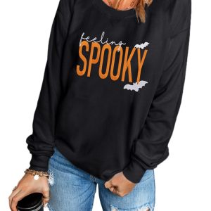 Women's Black 'Feeling Spooky' Halloween Embroidered Graphic Baggy Sweatshirt - Main View