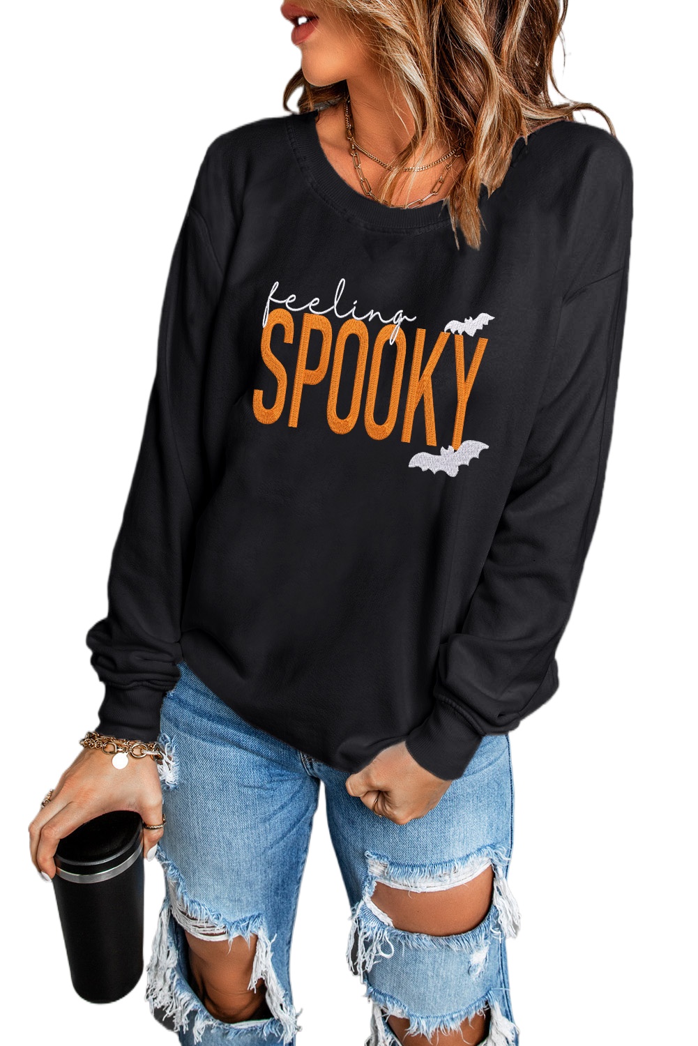 Women's Black 'Feeling Spooky' Halloween Embroidered Graphic Baggy Sweatshirt - Main View