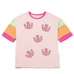 Women's Pink Sequined Horseshoes Pattern Colorblock Half Sleeve Patchwork Tee - Main View