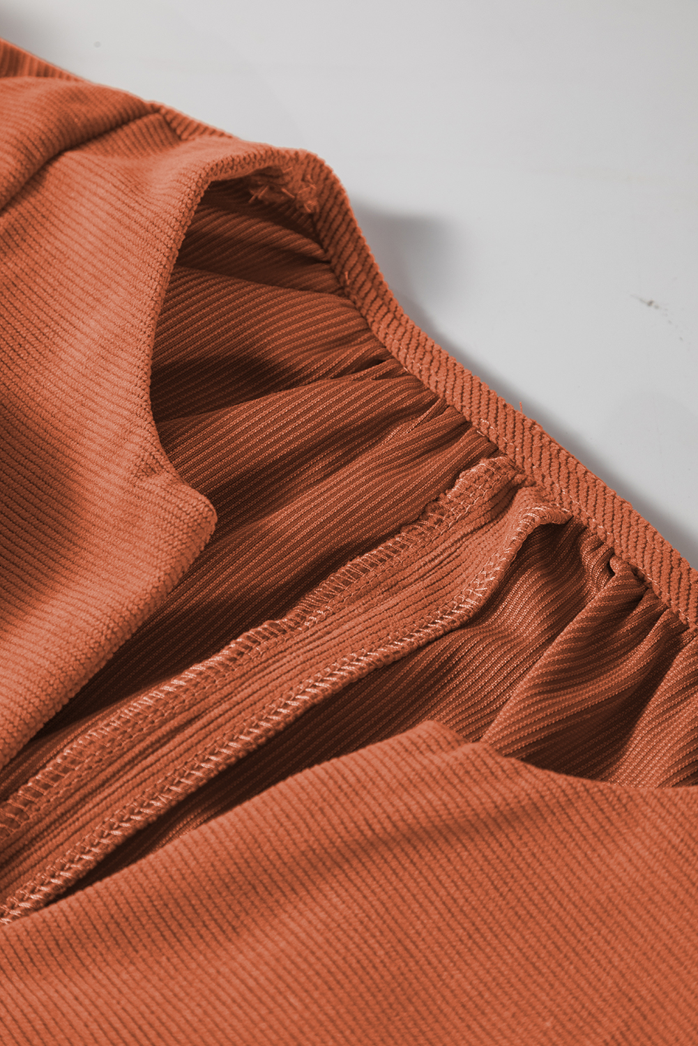 Women's Mini Dress, Cinnamon Color, Corduroy Fabric, Bracelet Sleeves, V Neck, Pleated Design, Scallop Detail, Casual Style, Fall Fashion, Autumn Outfit, H-Line Silhouette, Daily Wear, Long Sleeve Dress - Detail View 12
