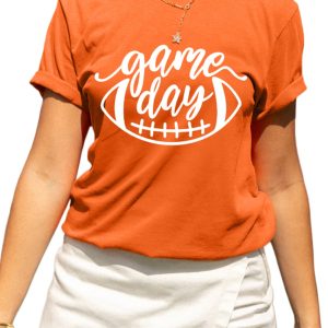 Women's Orange Game Day Football Print T-Shirt - Casual Short Sleeve Tee - Main View