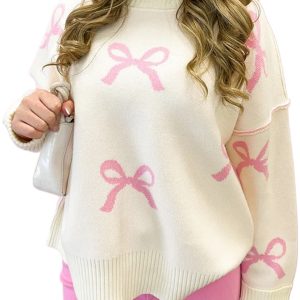 Chic Pink Bow Print Loose Sweater with Ribbed Trim and Drop Shoulder - Main View