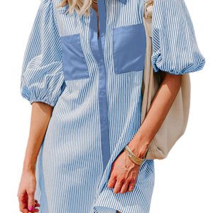 Women's Sky Blue Stripe Color Block Mini Dress – Casual Puff Sleeve V Neck Style for Summer