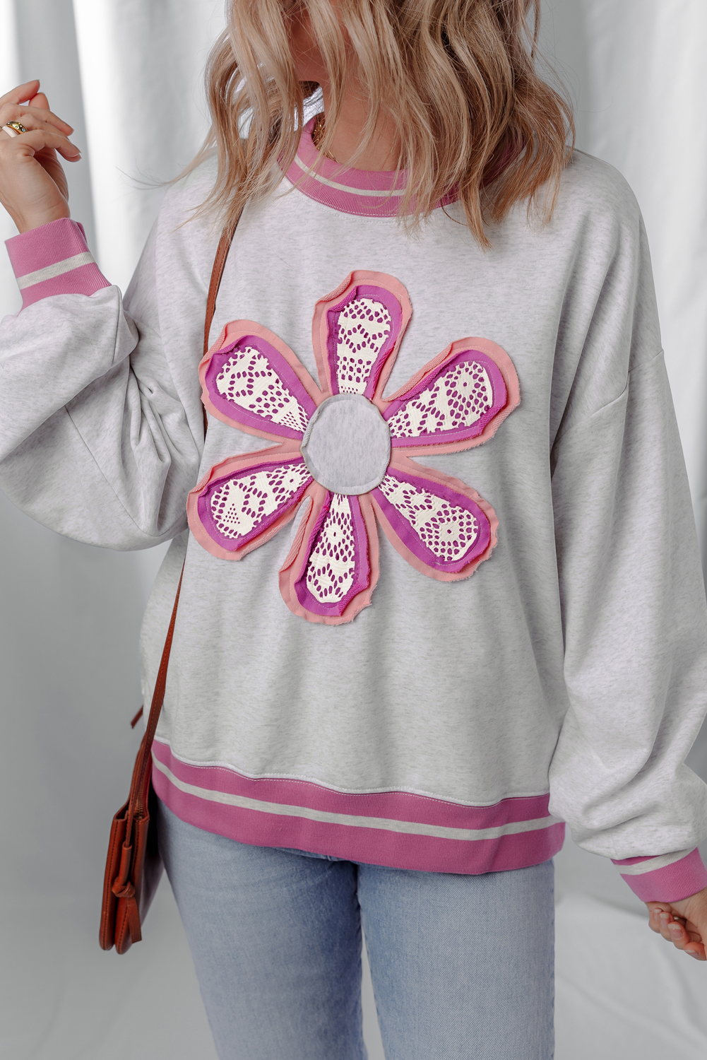 Women's Gray Flower Patch Contrast Trim Crew Neck Sweatshirt - Casual Fall Apparel - Detail View 13
