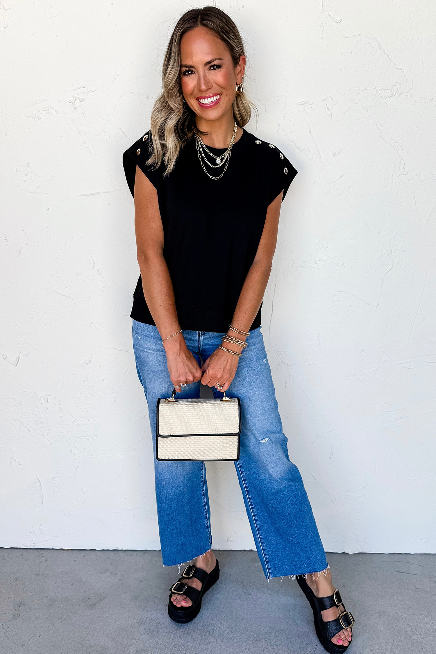 Solid Black Casual Top for Women – Round Neck Shift Shirt with Chic Button Accents - Detail View 5