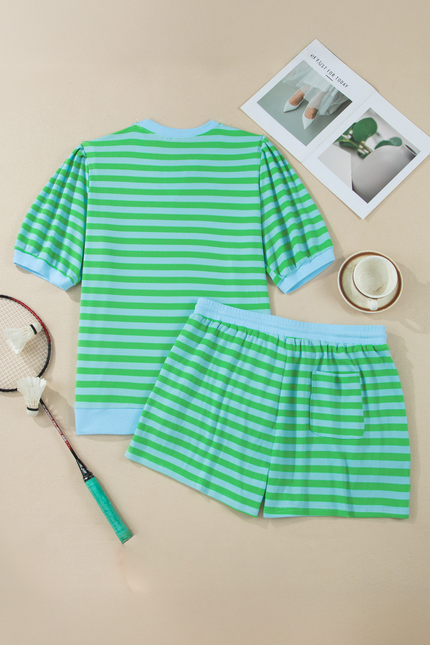 Women's Green Stripe 2-Piece Outfit – Puff Sleeve Top and High Waist Drawstring Shorts Set - Detail View 16