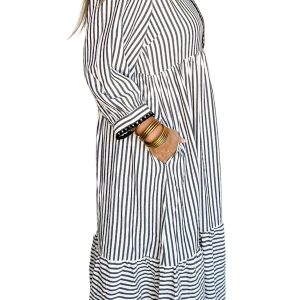 Women's Black Stripe Scallop Trim Dress – Casual A-Line Long Dress for Daily Wear