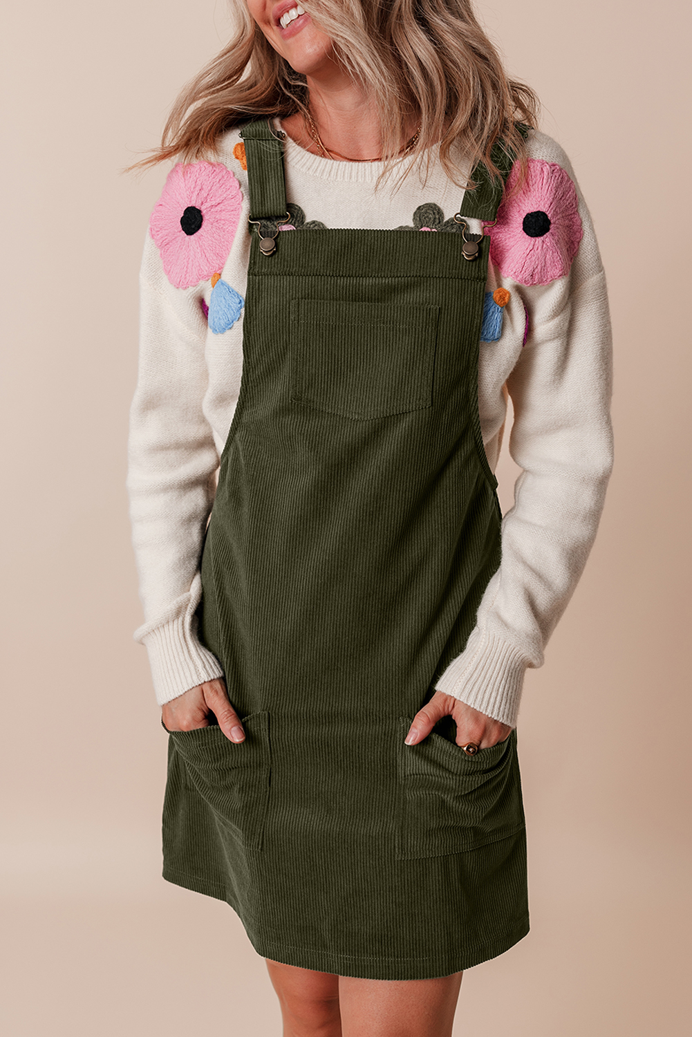 Women's Casual Solid Color Overall Dress with Straps and Pockets - Fall & Winter Essential - Detail View 3