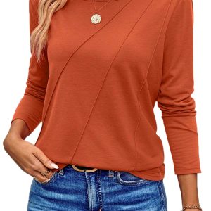 Women's Red Clay Asymmetric Seam Detail Long Sleeve Top - Casual Solid Color - Main View