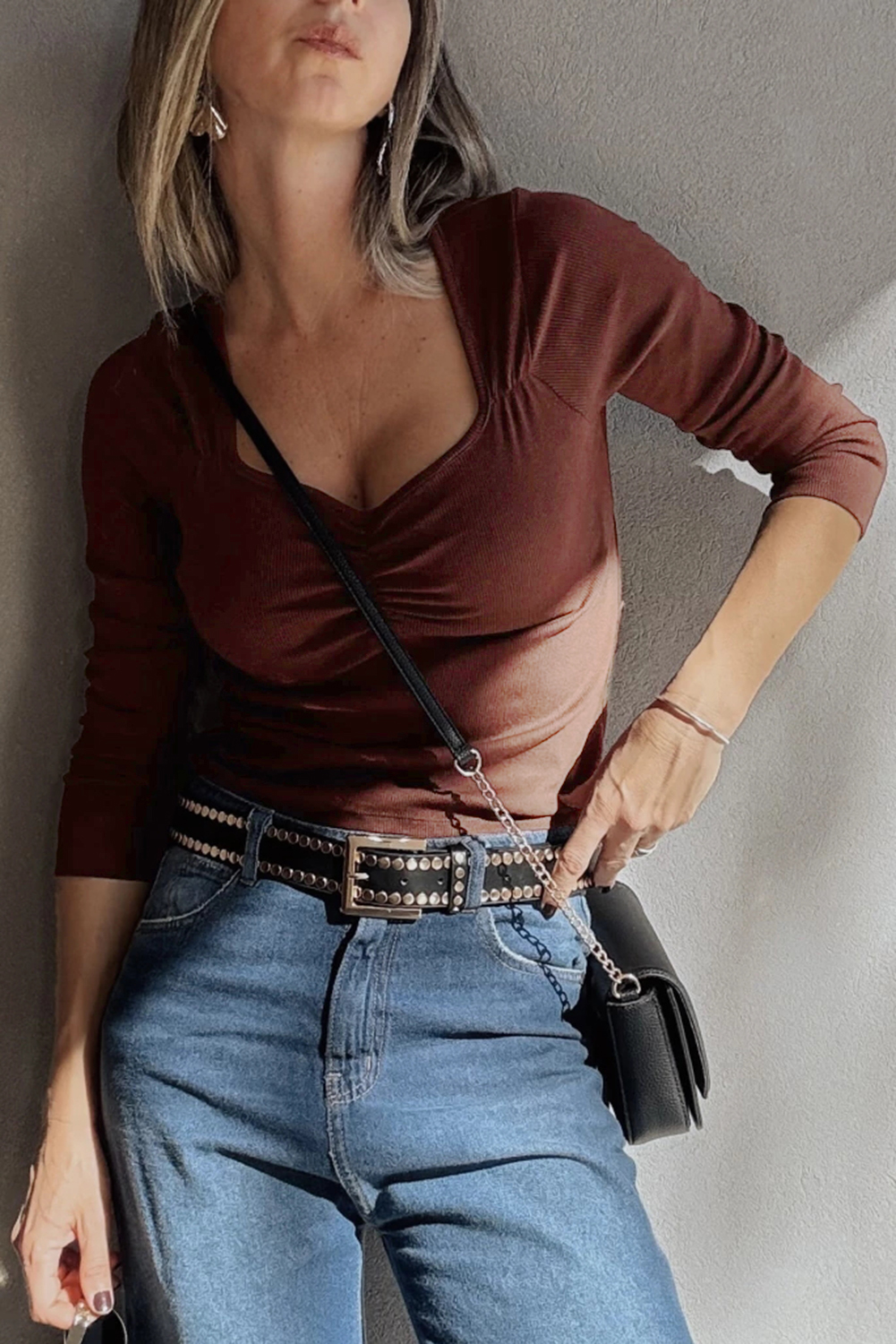 Women's Burgundy Gathered Bust Square Neck Ribbed Long Sleeve Top for Casual Wear - Detail View 5