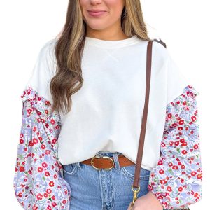 Women's White Floral Ruffled Balloon Sleeve Patchwork Loose Blouse - Main View