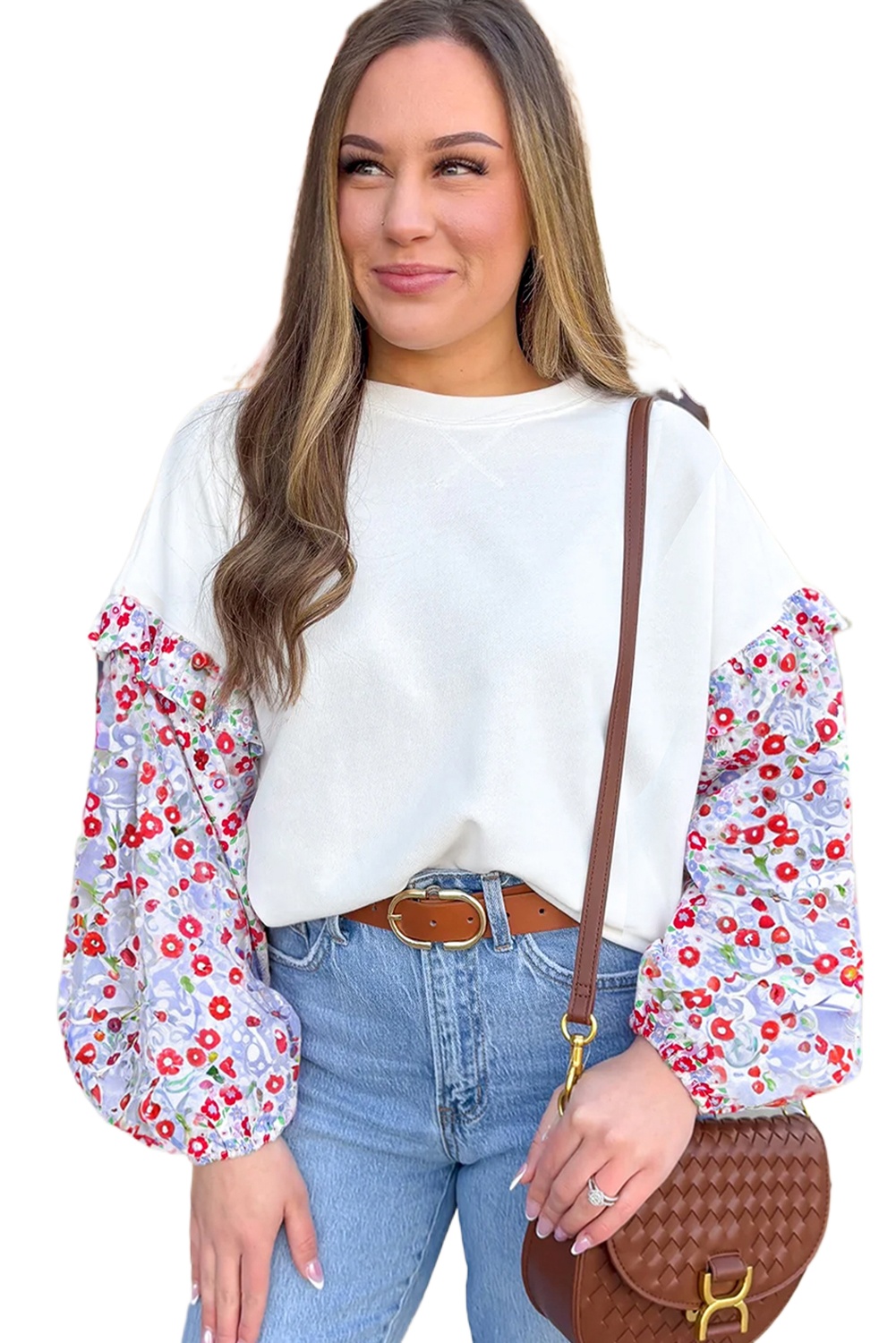 Women's White Floral Ruffled Balloon Sleeve Patchwork Loose Blouse - Main View